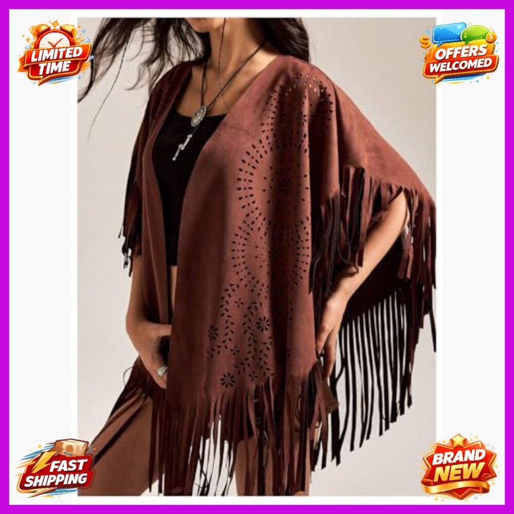 Faux Suede Cape Coat with Fringe Trim Half Sleeve Oversized Boho Outerwear - Picture 2 of 5